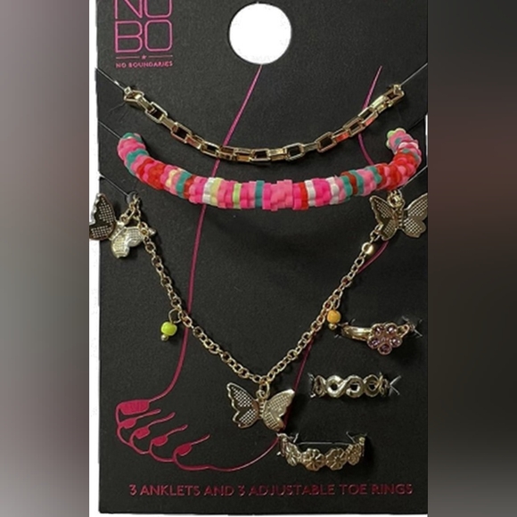 No Boundaries Goldtone Anklet and Toe Ring Set, Butterfly Motif, Multicolored, 6 - Picture 1 of 5